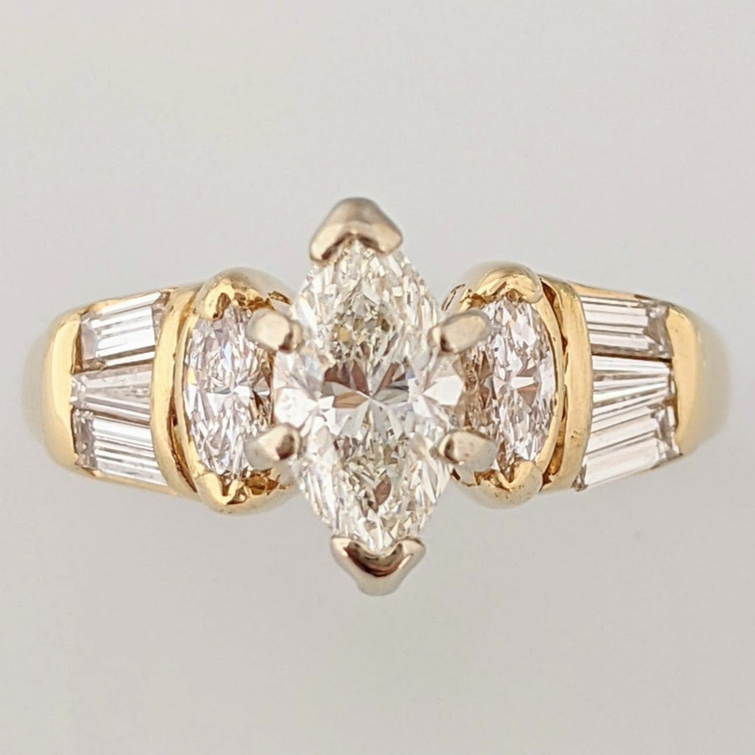 14k 1.20 CARAT TOTAL WEIGHT SI1 H DIAMOND MARQUISE (3) BAGUETTES (6) ESTATE RING 3.8 GRAMS