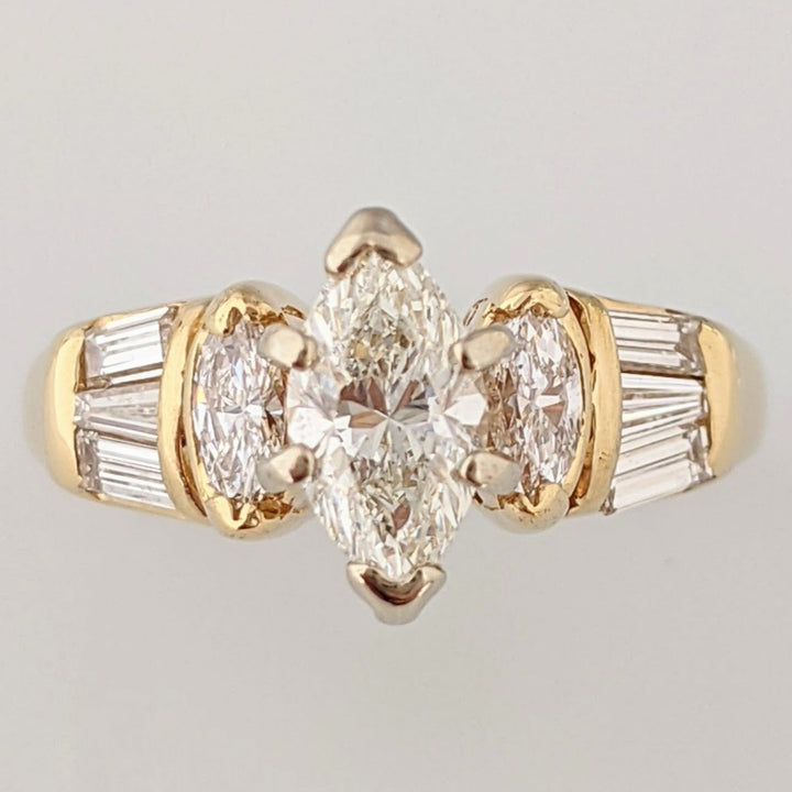 14k 1.20 CARAT TOTAL WEIGHT SI1 H DIAMOND MARQUISE (3) BAGUETTES (6) ESTATE RING 3.8 GRAMS