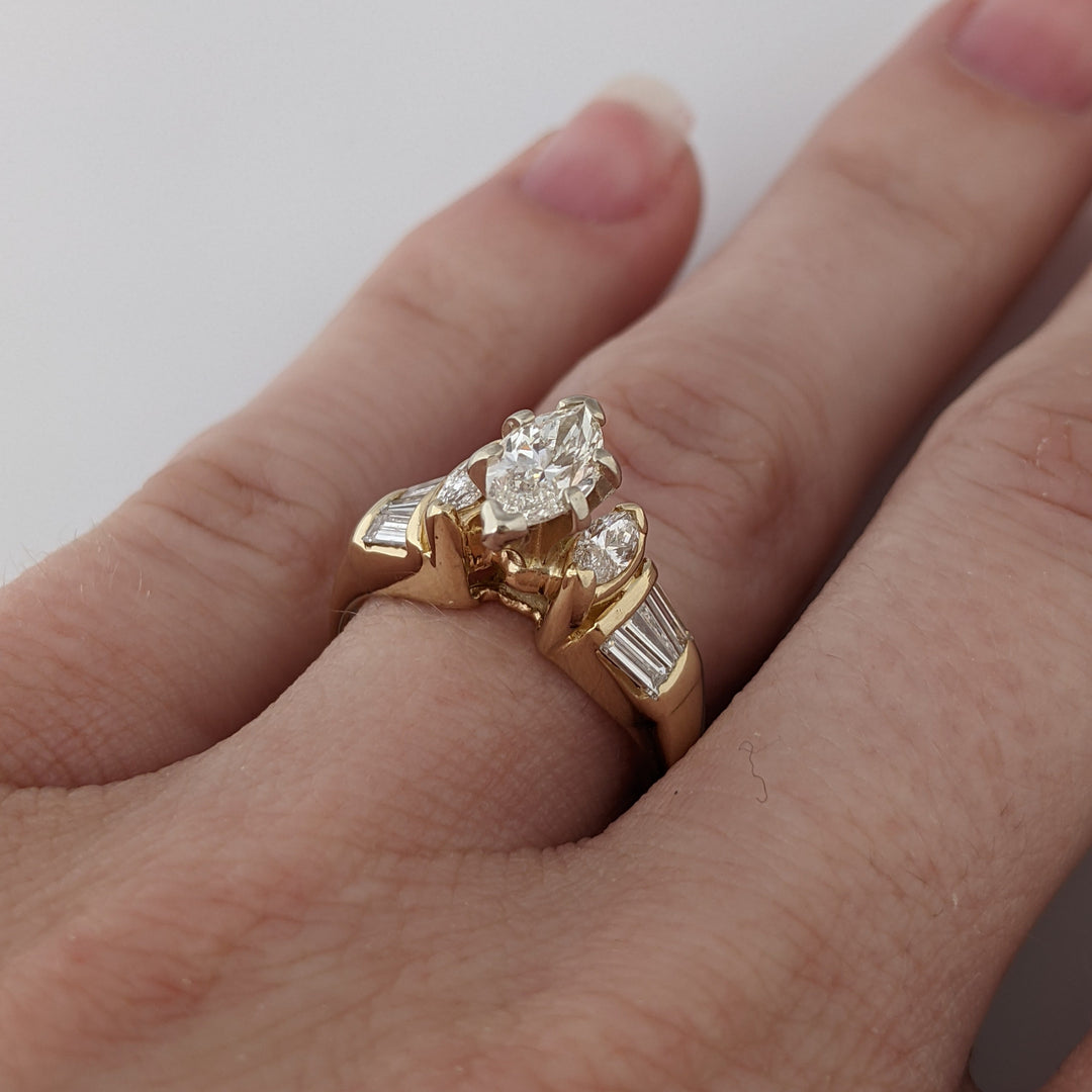14k 1.20 CARAT TOTAL WEIGHT SI1 H DIAMOND MARQUISE (3) BAGUETTES (6) ESTATE RING 3.8 GRAMS