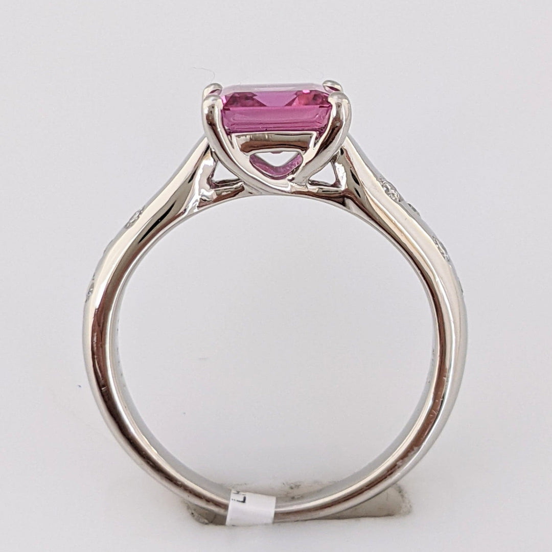 PLATINUM PINK SAPPHIRE PRINCESS CUT 1.41 CARAT TOTAL WITH .12 DIAMOND TOTAL WEIGHT FLUSH SET ESTATE RING 6.0 GRAMS