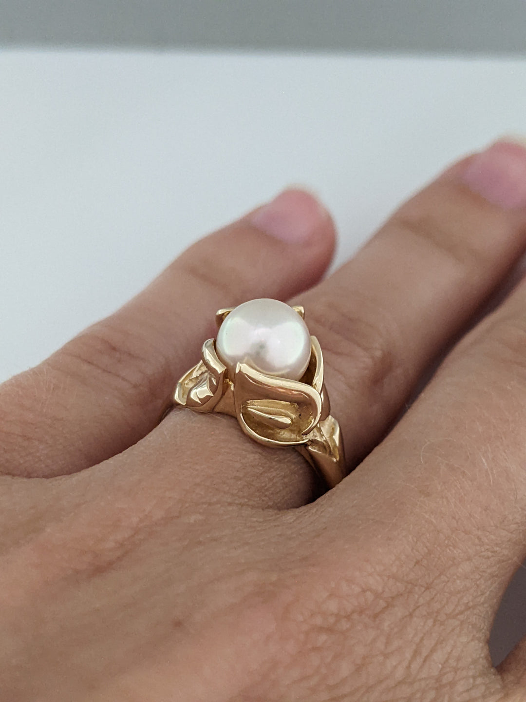 14K PEARL ROUND 7.5MM FREE FORM ESTATE RING 4.9 GRAMS