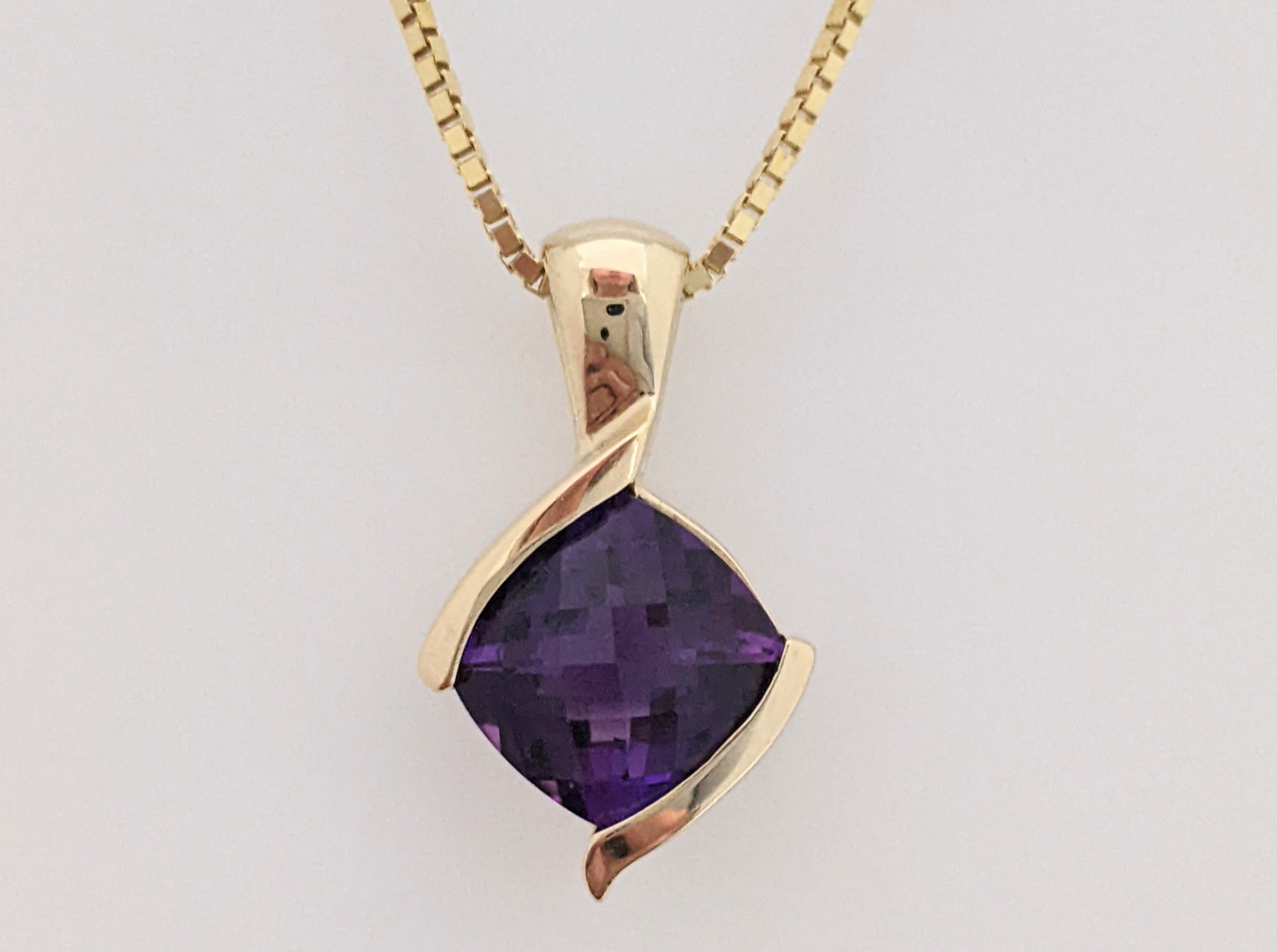 Amethyst Checkerboard Cut Pendant 10mm Cushion Set In 14K Solid top Gold...