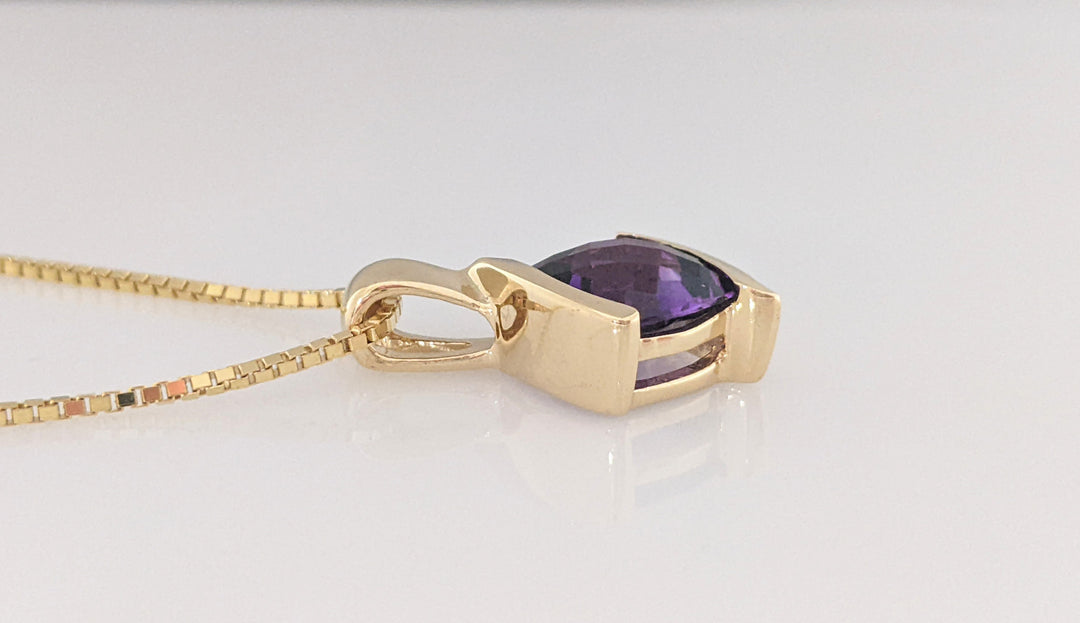 14K AMETHYST CUSHION 10MM CHECKERBOARD FACE ESTATE PENDANT AND CHAIN