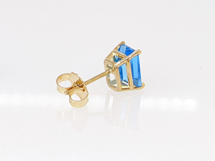 14K BLUE TOPAZ EMERALD CUT 5X7 ESTATE EARRINGS 1.6 GRAMS