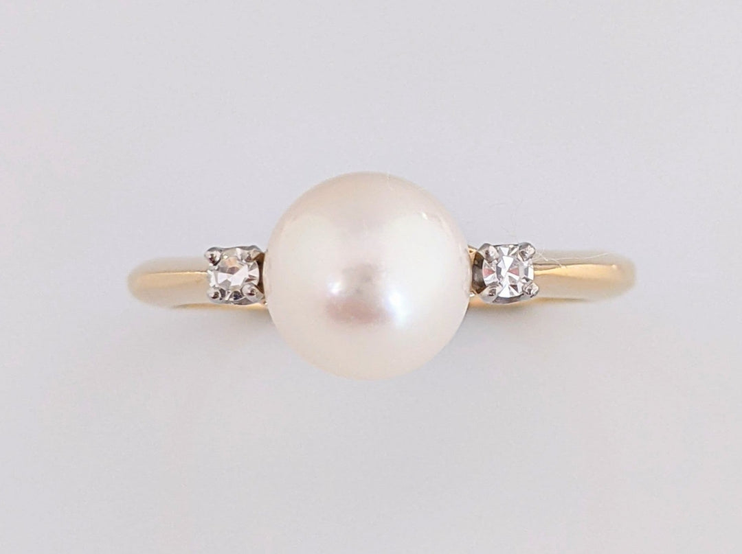 14K PEARL "AA" ROUND 7MM WITH 2 MELEE DIAMOND ESTATE RING 2.6 GRAMS