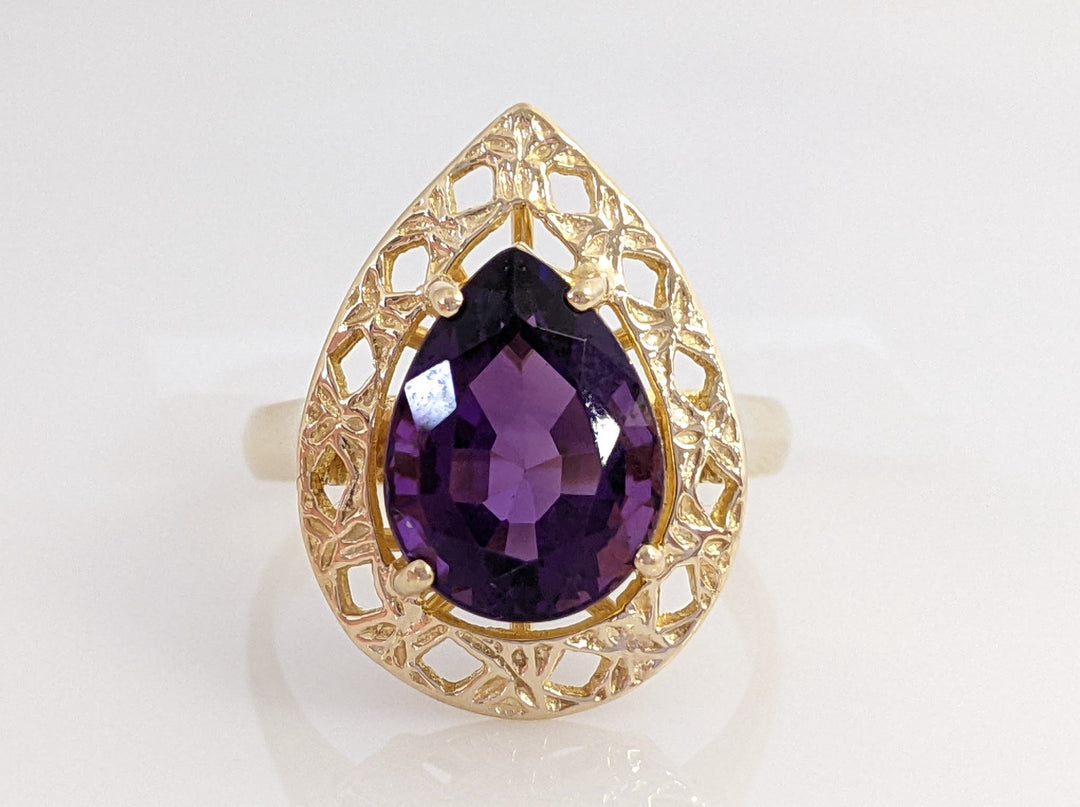 14K AMETHYST PEAR 10X12 WITH FILAGREE TRIM ESTATE RING 5.1 GRAMS