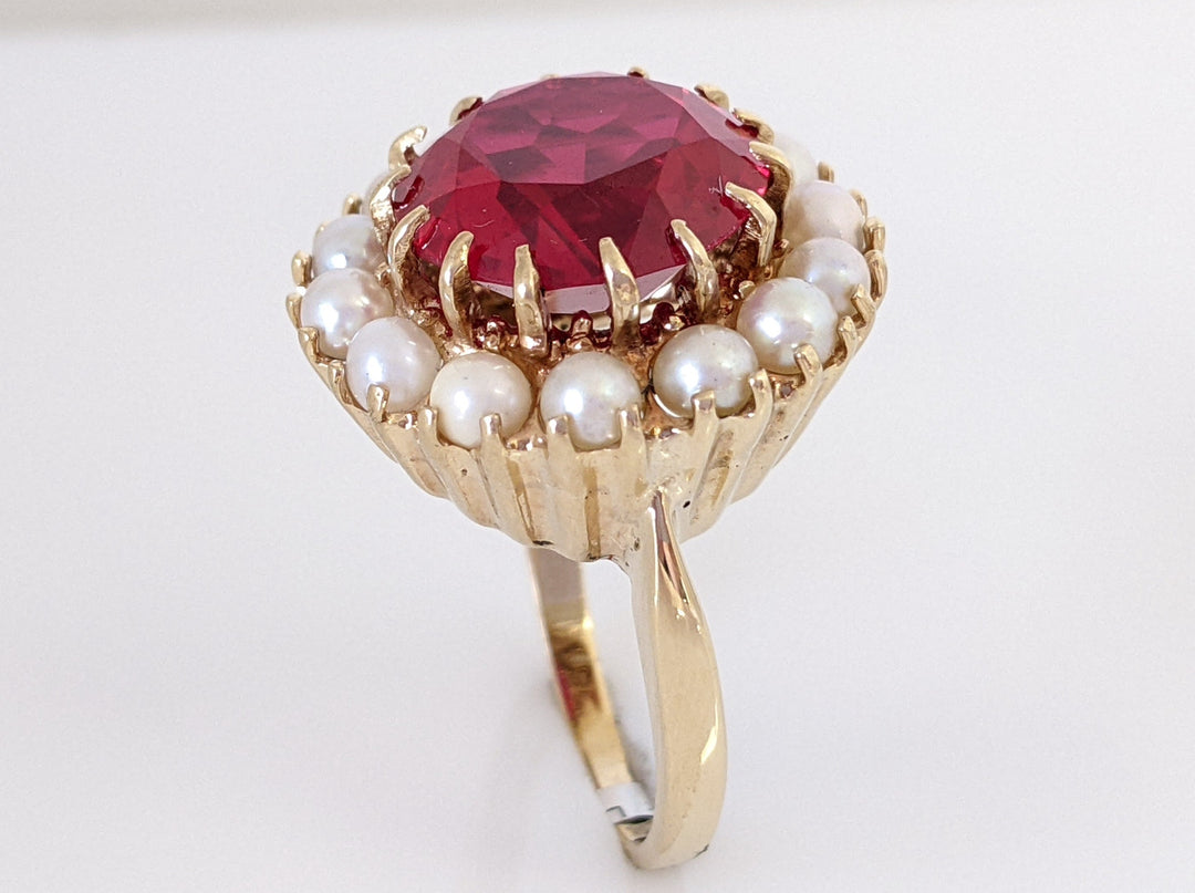 14K SYNTHETIC RUBY ROUND 12MM WITH 14 CULTURED PEARLS ESTATE RING 8.5 GRAMS
