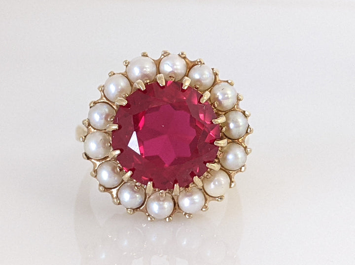 14K SYNTHETIC RUBY ROUND 12MM WITH 14 CULTURED PEARLS ESTATE RING 8.5 GRAMS