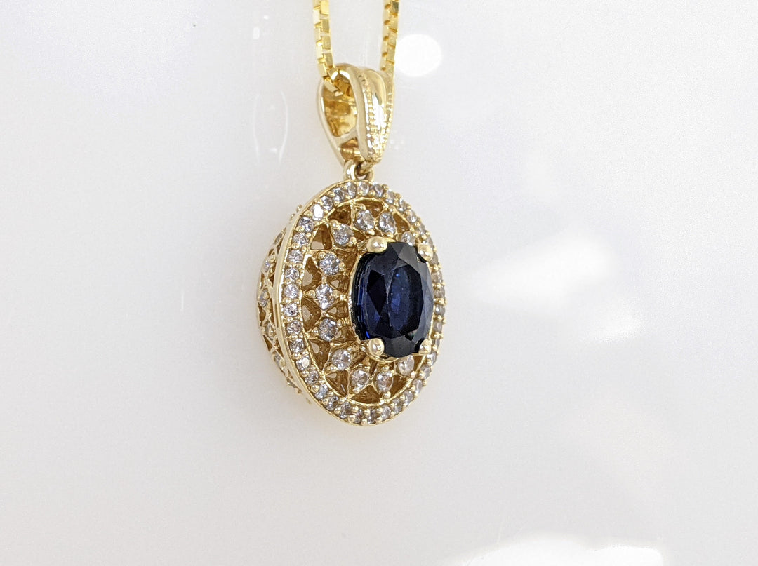 14K SAPPHIRE OVAL 6X8 WITH .67 DIAMOND TOTAL WEIGHT ESTATE PENDANT & CHAIN 8.4 GRAMS