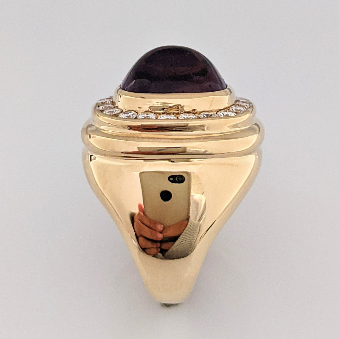 14K AMETHYST CUSHION CABOCHON 10X12 WITH .88 DIAMOND TOTAL WEIGHT 12.5 GRAMS