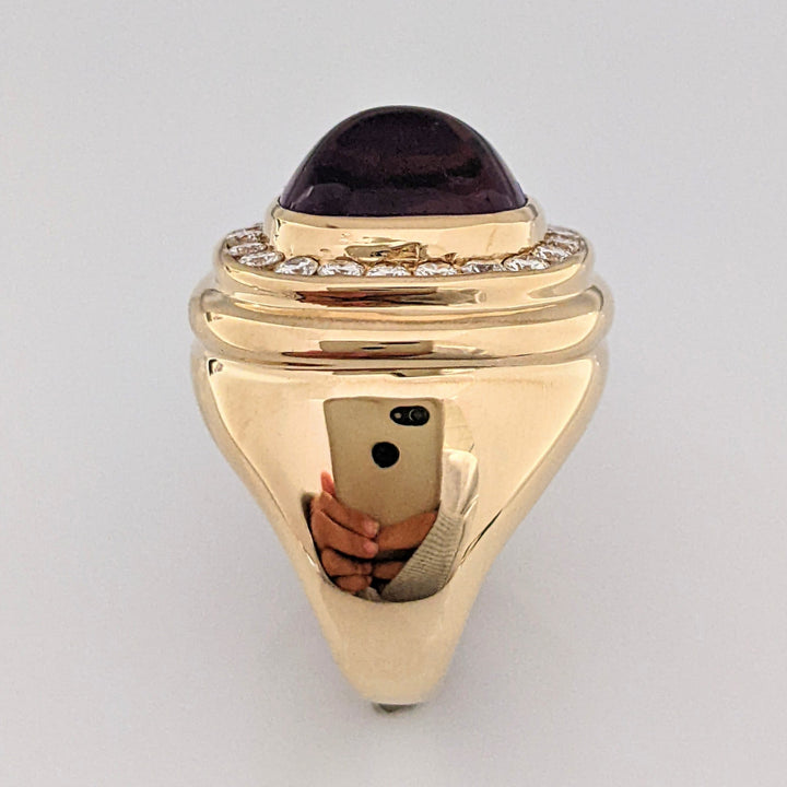 14K AMETHYST CUSHION CABOCHON 10X12 WITH .88 DIAMOND TOTAL WEIGHT 12.5 GRAMS