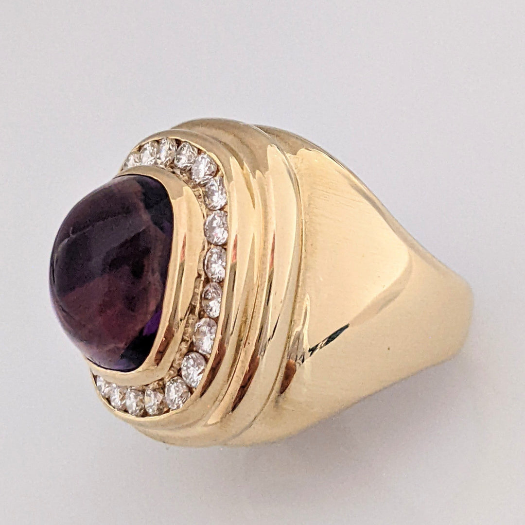 14K AMETHYST CUSHION CABOCHON 10X12 WITH .88 DIAMOND TOTAL WEIGHT 12.5 GRAMS