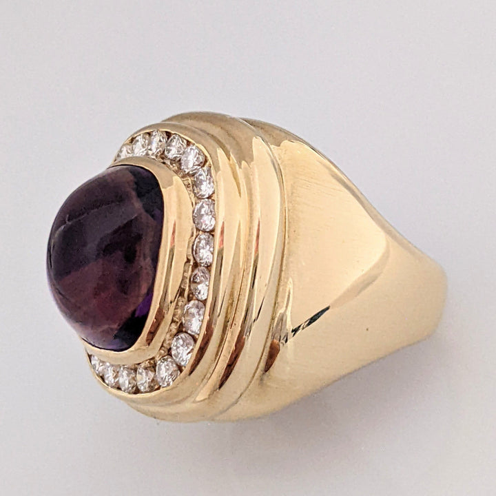 14K AMETHYST CUSHION CABOCHON 10X12 WITH .88 DIAMOND TOTAL WEIGHT 12.5 GRAMS