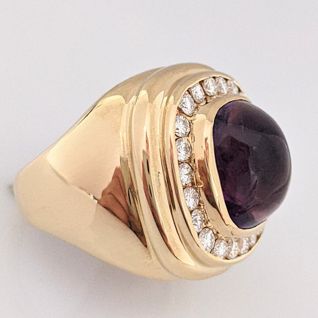 14K AMETHYST CUSHION CABOCHON 10X12 WITH .88 DIAMOND TOTAL WEIGHT 12.5 GRAMS