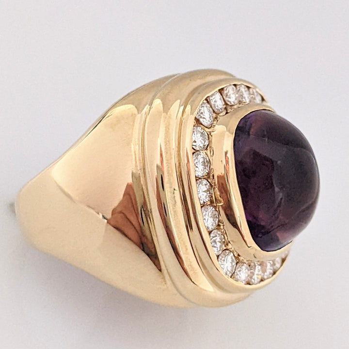 14K AMETHYST CUSHION CABOCHON 10X12 WITH .88 DIAMOND TOTAL WEIGHT 12.5 GRAMS