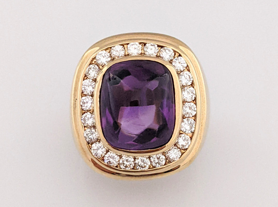 14K AMETHYST CUSHION CABOCHON 10X12 WITH .88 DIAMOND TOTAL WEIGHT 12.5 GRAMS