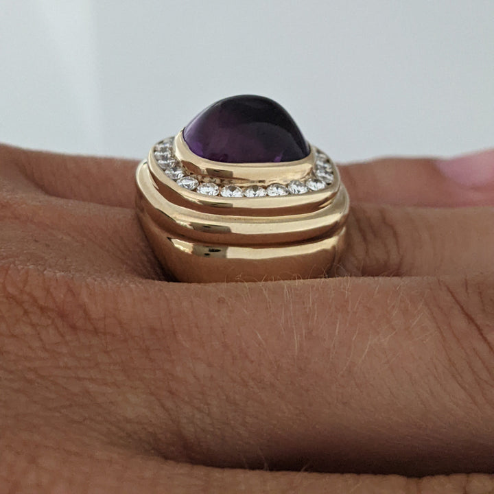 14K AMETHYST CUSHION CABOCHON 10X12 WITH .88 DIAMOND TOTAL WEIGHT 12.5 GRAMS