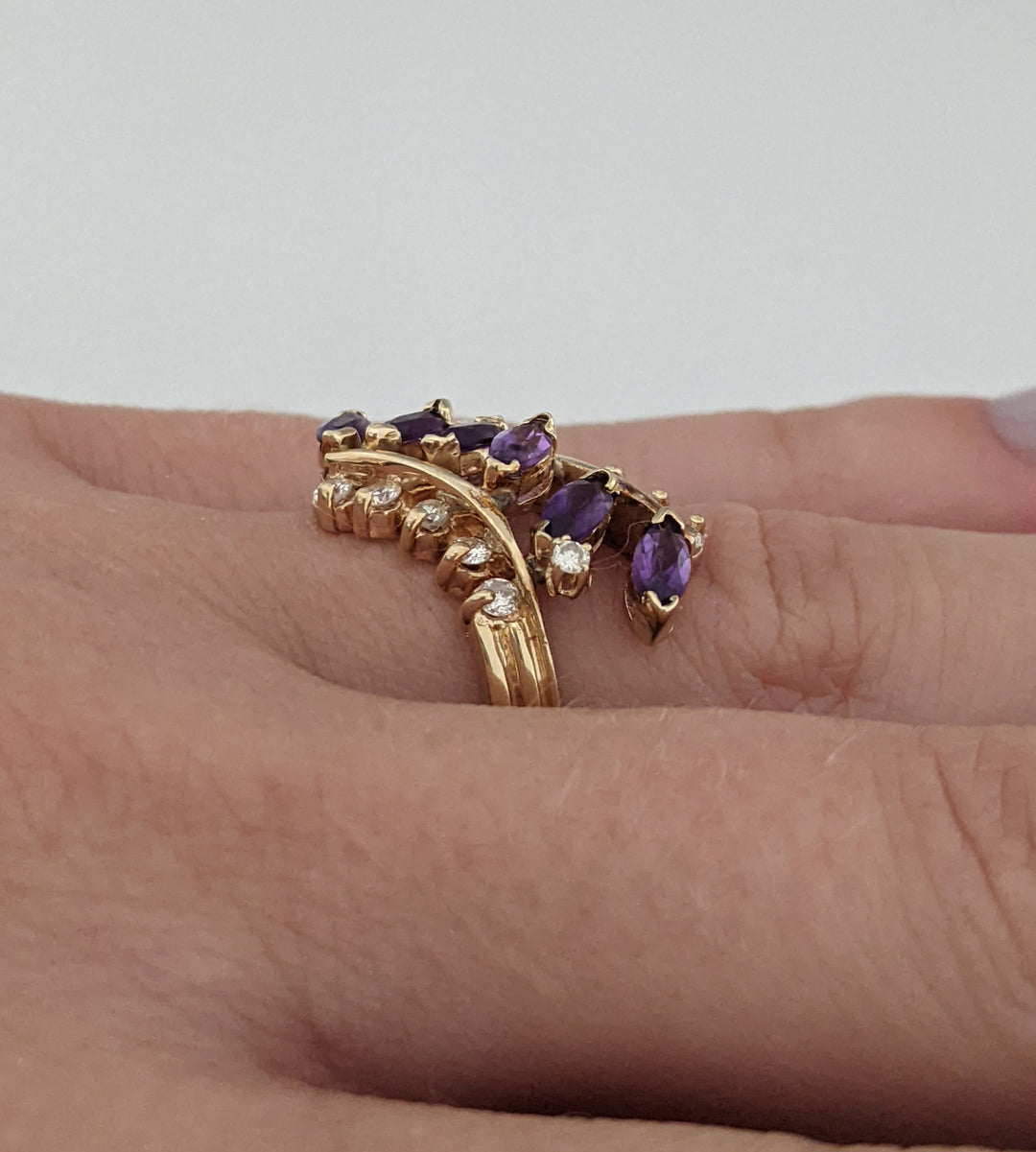 14K AMETHYST MARQUISE (6) 2.5X5 WITH 12 DIAMONDS 4.0 GRAMS