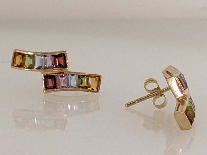 14K GARNET, AMETHYST, BLUE TOPAZ, PERIDOT, CITRINE, EMERALD CUT 2X3 (20) ESTATE EARRINGS 3.0 GRAMS