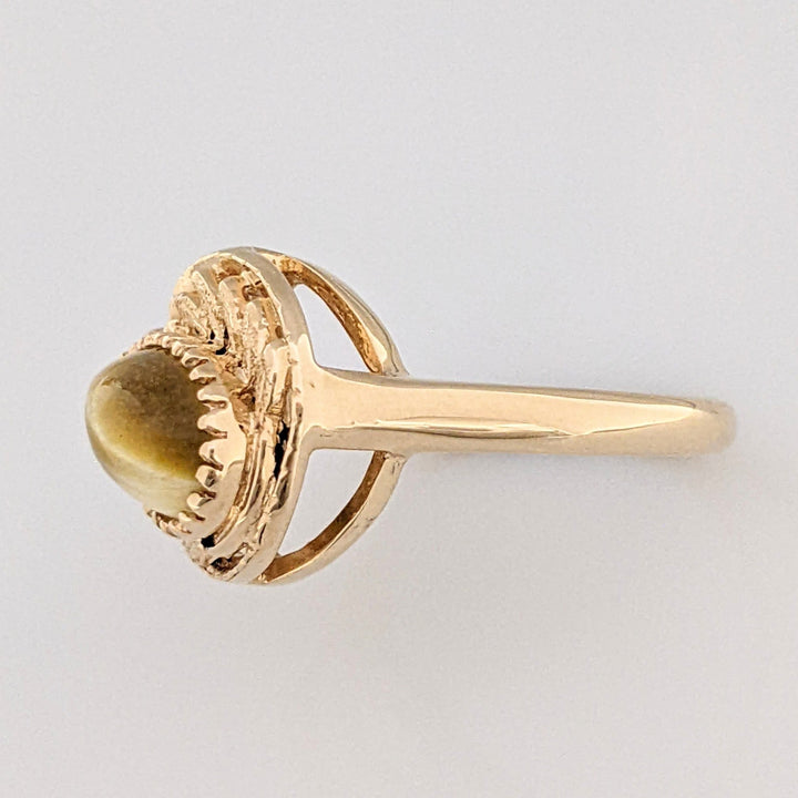 10K TIGER EYE PEAR 5X8 WITH LEAF TRIM ESTATE RING 3.8 GRAMS