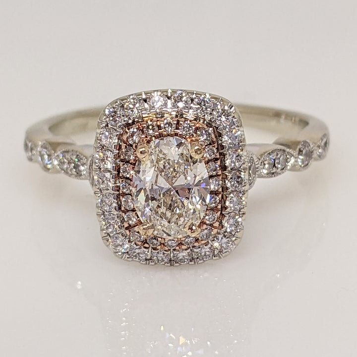 14K TWO TONE 1.48CTW SI1-SI2 G-H DIAMOND OVAL WITH (67) ROUND ESTATE RING 5.1 GRAMS