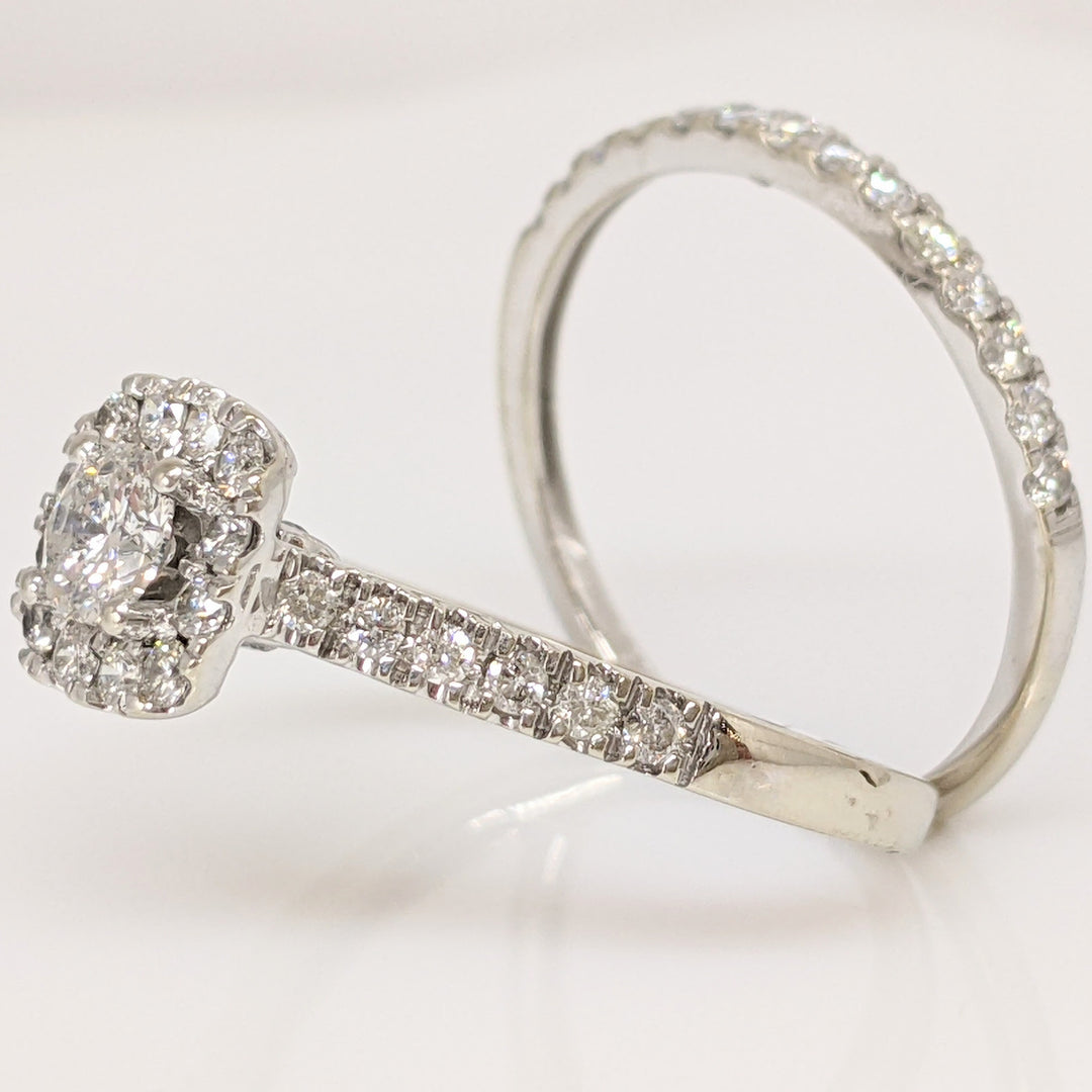 10K WHITE .88 CARAT TOTAL WEIGHT SI2-I1 H- I DIAMOND ROUND (53) ESTATE HALO RING AND BAND 3.8 GRAMS