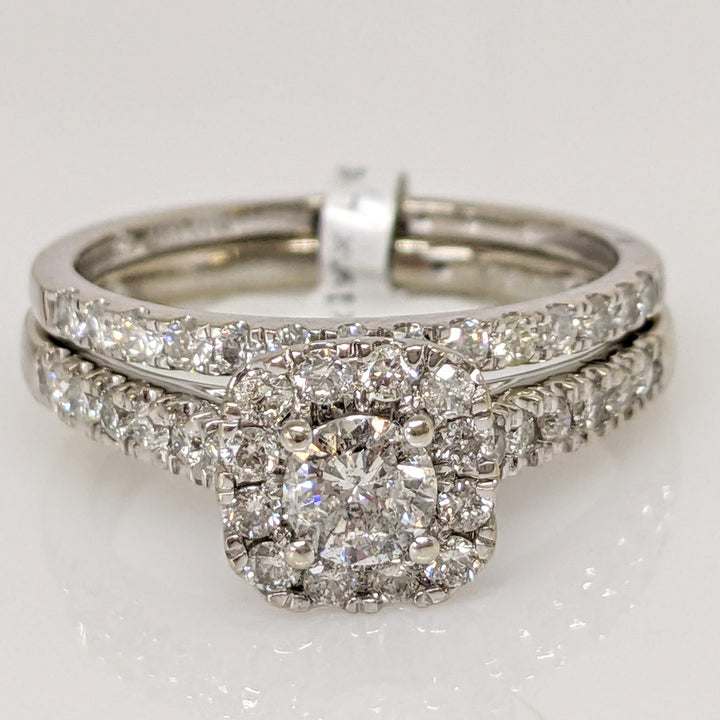10K WHITE .88 CARAT TOTAL WEIGHT SI2-I1 H- I DIAMOND ROUND (53) ESTATE HALO RING AND BAND 3.8 GRAMS