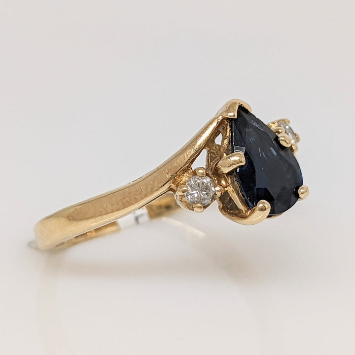 14K SAPPHIRE PEAR 5X7 WITH (2) MELEE ESTATE RING 2.2 GRAMS