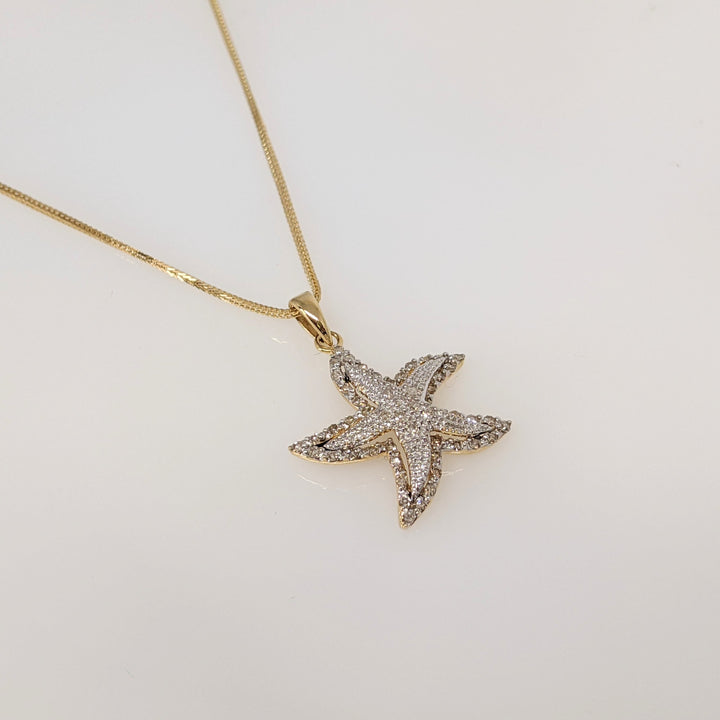 14K DIAMOND ROUND MELEE STARFISH ESTATE PENDANT & CHAIN 2.8 GRAMS