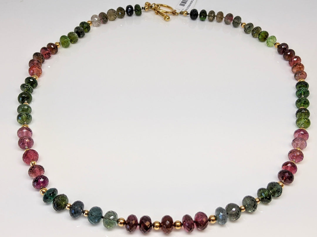 14K PINK/ GREEN TOURMALINE BEADS WITH GOLD BALLS ESTATE NECKLACE