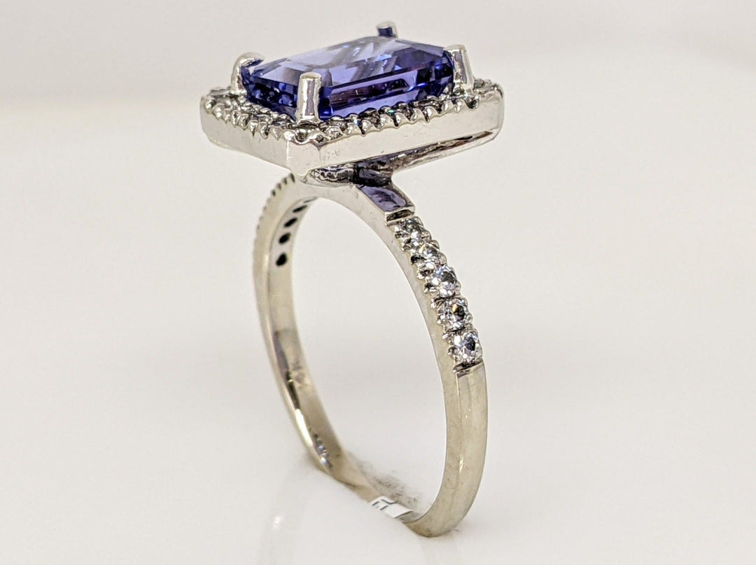 14K WHITE TANZANITE "A" EMERALD CUT 6.5X8.6 WITH .48DTW HALO ESTATE RING 3.3 GRAMS