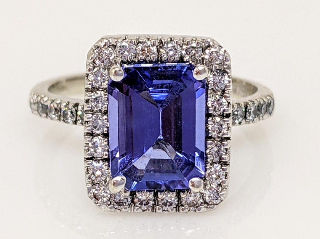 14K WHITE TANZANITE "A" EMERALD CUT 6.5X8.6 WITH .48DTW HALO ESTATE RING 3.3 GRAMS