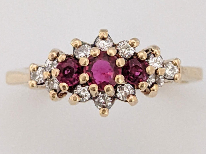 14K RUBY ROUND (3) STONES WITH (12) DIAMONDS .24DTW ESTATE RING 3.7 GRAMS