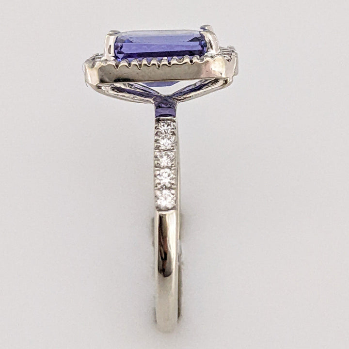14K WHITE TANZANITE "A" EMERALD CUT 6.5X8.6 WITH .48 DIAMOND TOTAL WEIGHT HALO ESTATE RING 3.3 GRAMS
