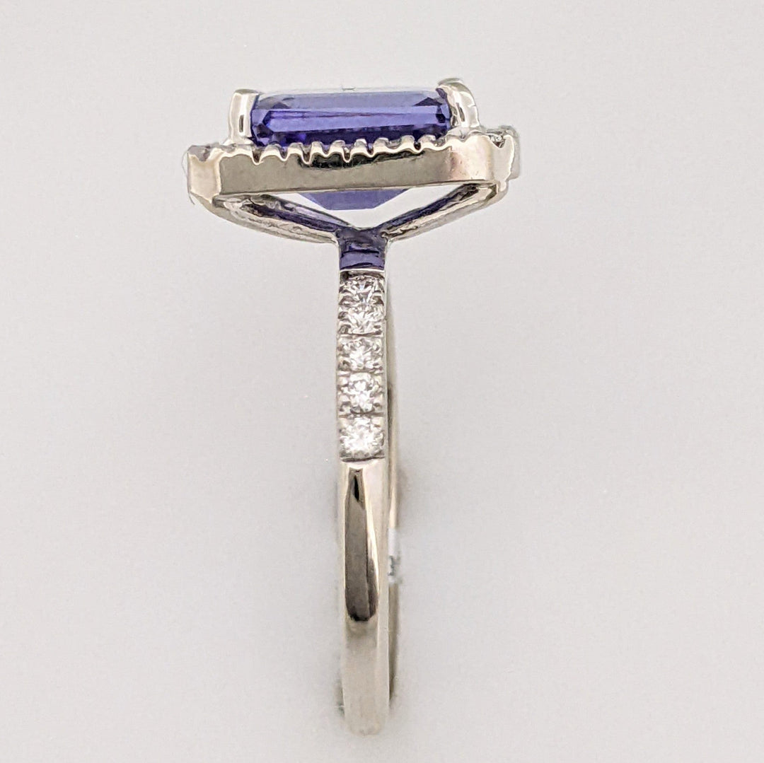 14K WHITE TANZANITE "A" EMERALD CUT 6.5X8.6 WITH .48 DIAMOND TOTAL WEIGHT HALO ESTATE RING 3.3 GRAMS