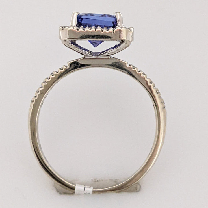 14K WHITE TANZANITE "A" EMERALD CUT 6.5X8.6 WITH .48 DIAMOND TOTAL WEIGHT HALO ESTATE RING 3.3 GRAMS