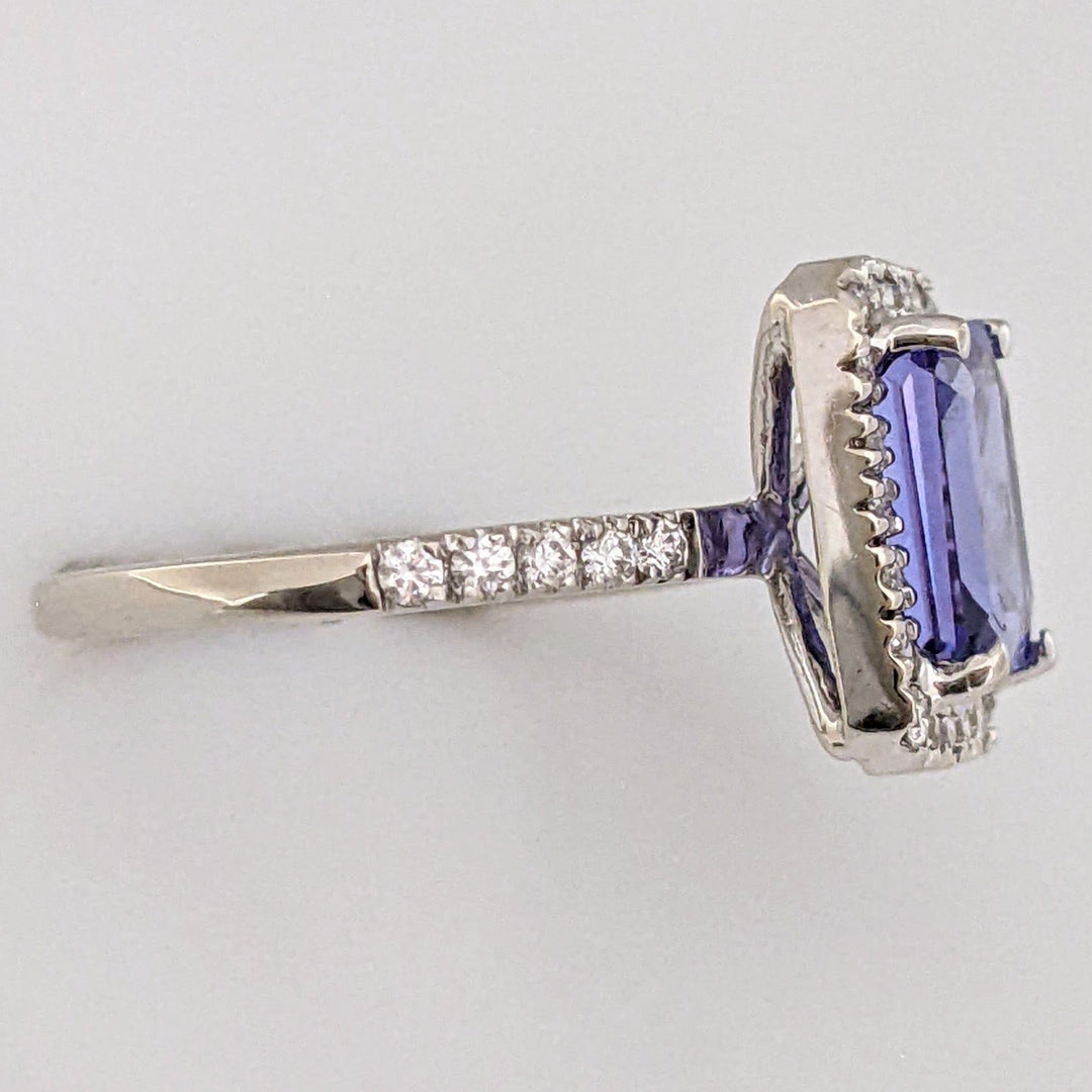 14K WHITE TANZANITE "A" EMERALD CUT 6.5X8.6 WITH .48 DIAMOND TOTAL WEIGHT HALO ESTATE RING 3.3 GRAMS