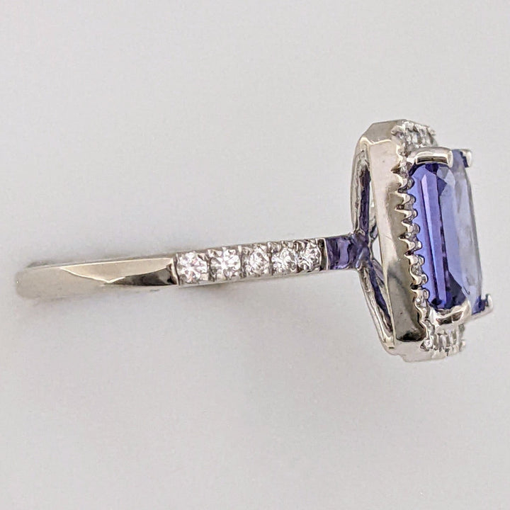 14K WHITE TANZANITE "A" EMERALD CUT 6.5X8.6 WITH .48 DIAMOND TOTAL WEIGHT HALO ESTATE RING 3.3 GRAMS