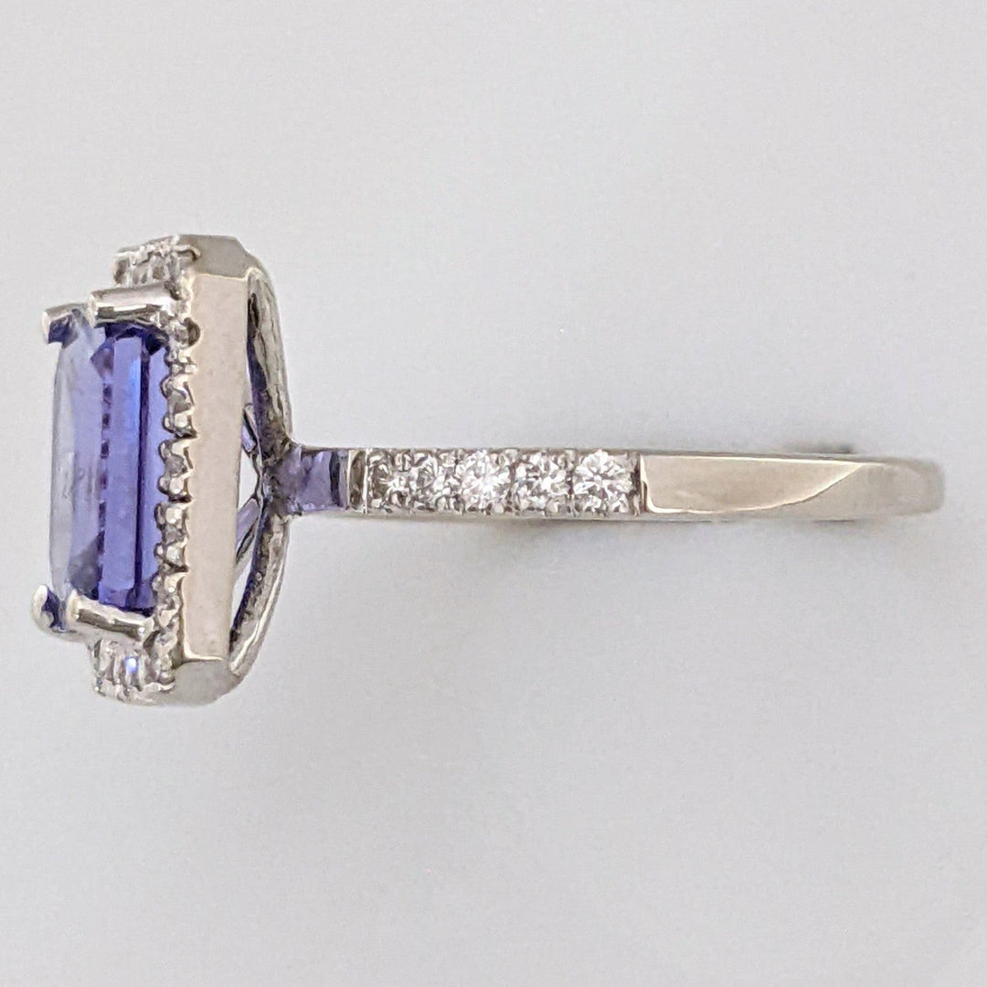 14K WHITE TANZANITE "A" EMERALD CUT 6.5X8.6 WITH .48 DIAMOND TOTAL WEIGHT HALO ESTATE RING 3.3 GRAMS