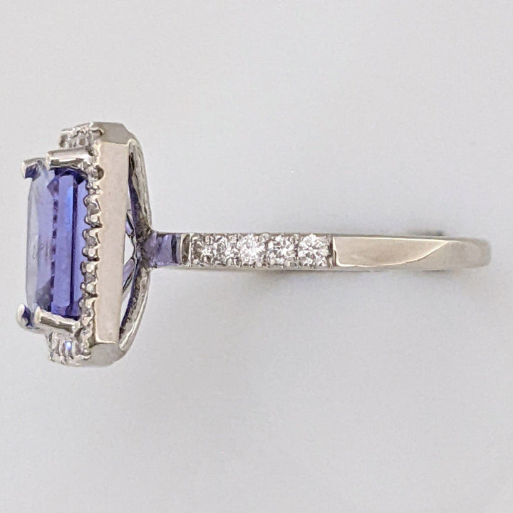 14K WHITE TANZANITE "A" EMERALD CUT 6.5X8.6 WITH .48 DIAMOND TOTAL WEIGHT HALO ESTATE RING 3.3 GRAMS