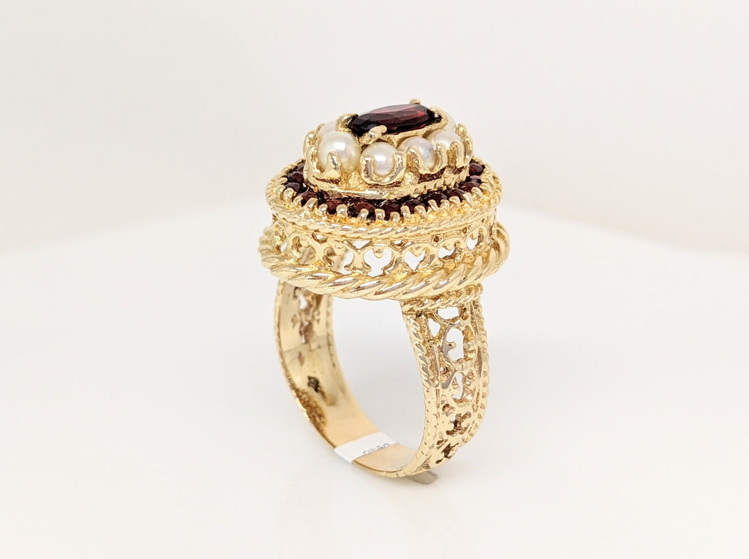14K GARNET OVAL 4X8 WITH ROUND GARNET AND PEARL ESTATE RING 10.9 GRAMS