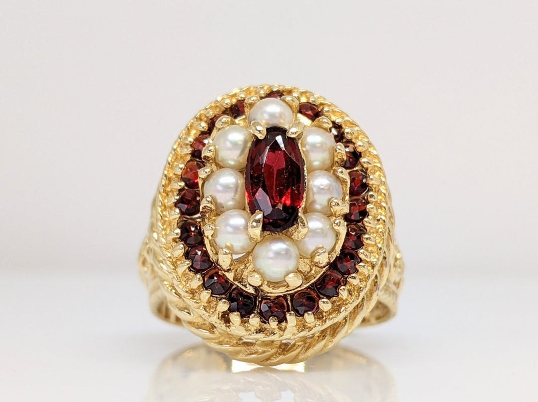 14K GARNET OVAL 4X8 WITH ROUND GARNET AND PEARL ESTATE RING 10.9 GRAMS