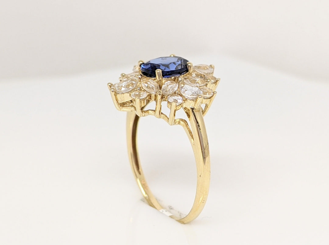 10K SYNTHETIC SAPPHIRE OVAL 6X8 WITH WHITE SYNTHETIC SAPPHIRE CLUSTER ESTATE RING 3.5 GRAMS