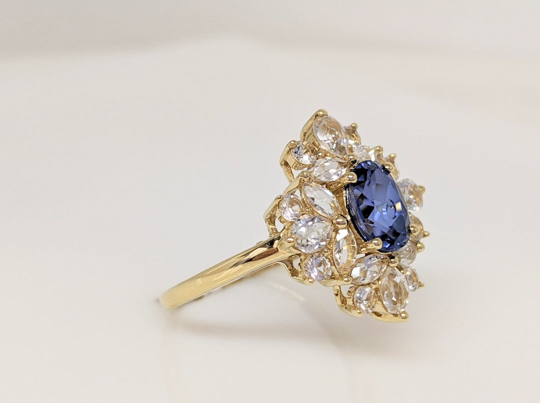 10K SYNTHETIC SAPPHIRE OVAL 6X8 WITH WHITE SYNTHETIC SAPPHIRE CLUSTER ESTATE RING 3.5 GRAMS