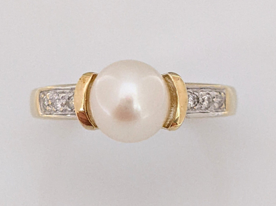 10K PEARL ROUND 7MM WITH/6 DIAMONDS ESTATE RING 3.0 GRAMS