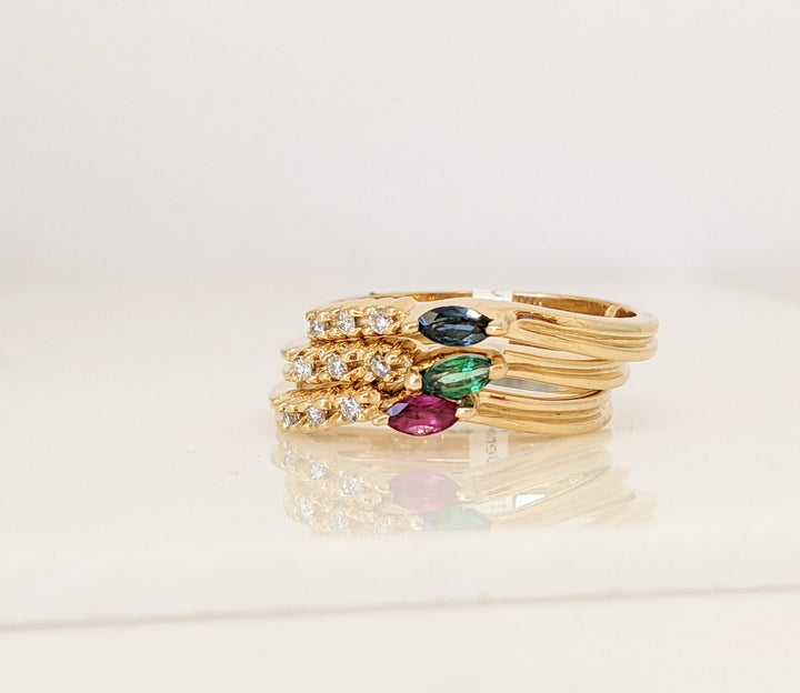 14K EMERALD, RUBY, SAPPHIRE MARQUISE 2X4 WITH (3) MELEE STACKABLE ESTATE RINGS 5.9 GRAMS