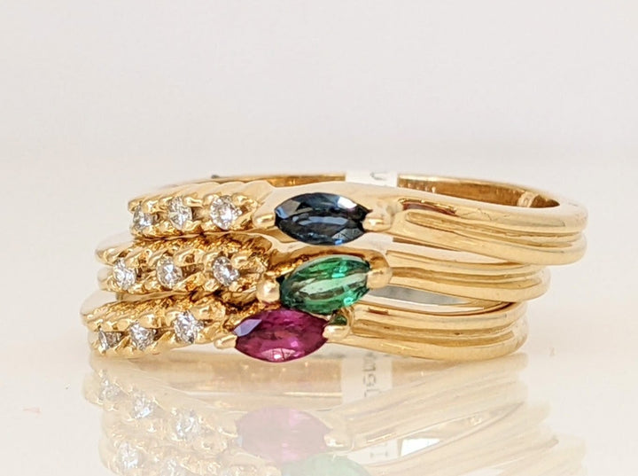 14K EMERLAD, RUBY, SAPPHIRE MARQUISE 2X4 WITH THREE DIAMONDS STACKABLE RINGS 5.8 GRAMS