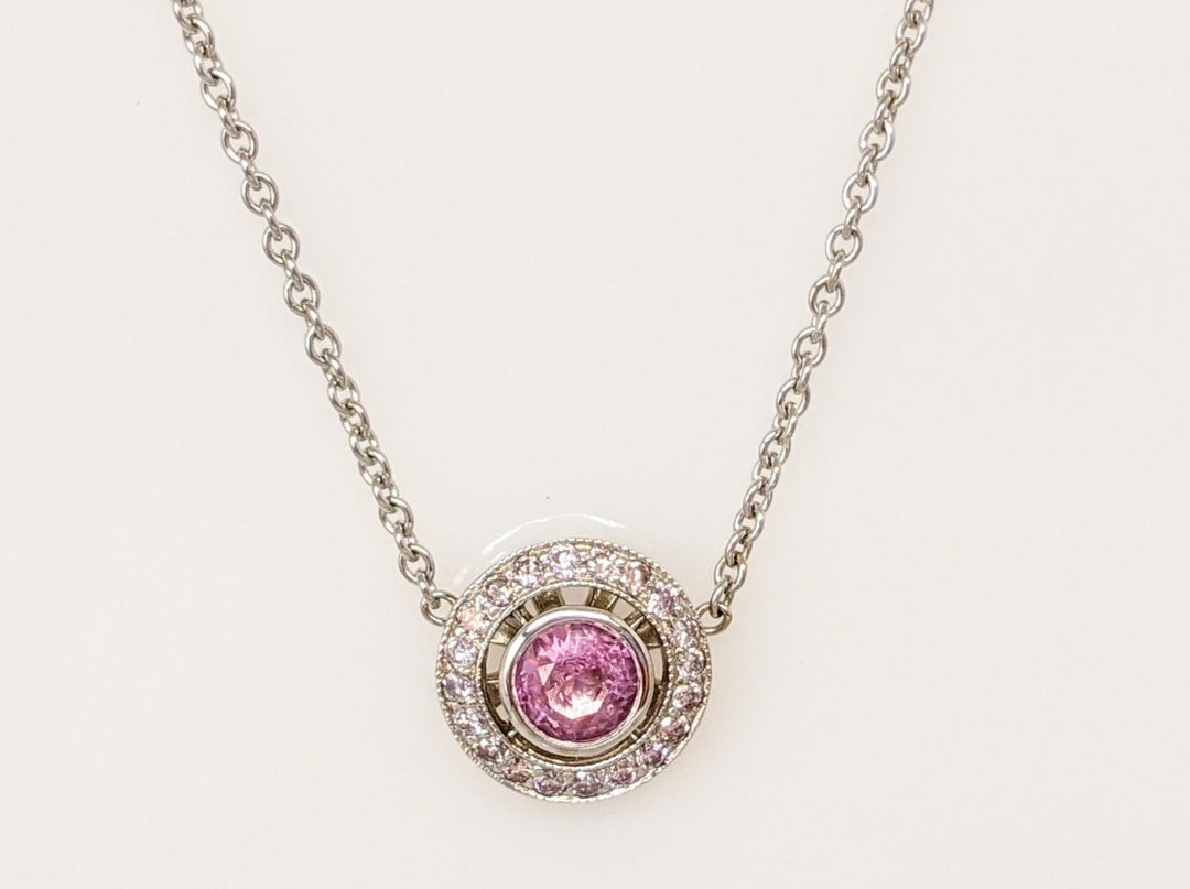 14K WHITE PINK SAPPHIRE ROUND 5.5MM WITH .21DTW ESTATE NECKLACE 4.1 GRAMS