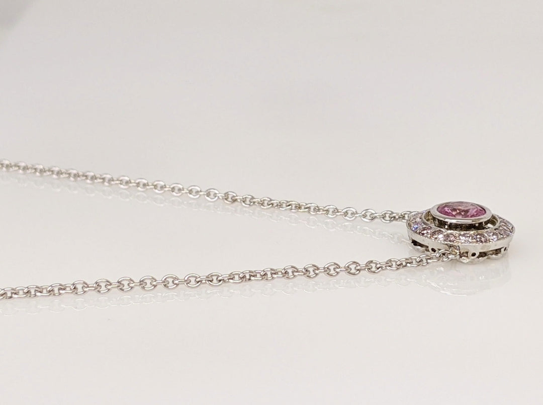 14K WHITE PINK SAPPHIRE ROUND 5.5MM WITH .21DTW ESTATE NECKLACE 4.1 GRAMS