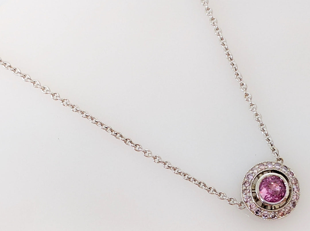 14K WHITE PINK SAPPHIRE ROUND 5.5MM WITH .21DTW ESTATE NECKLACE 4.1 GRAMS